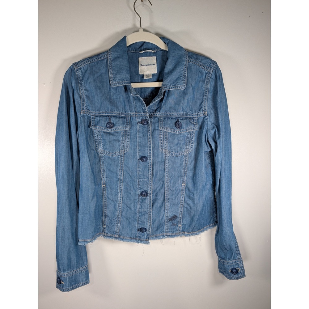 Tommy Bahama Womens Light Wash Tencel Denim Jacket Blue Palm Tree Small